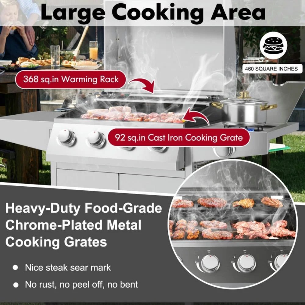 Aimee Lii 50000BTU 5-Burner Propane Gas Grill with Side Burner and 2 Prep Tables, BBQ Grill for Outdoor Cooking Kitchen, Garden and Patio Backyard Barbecue-Silver