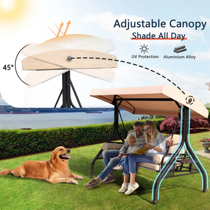 NOBLEMOOD 3-Seat Patio Porch Swing with Adjustable Canopy, Thickened Cushion & Foldable Tray, Red