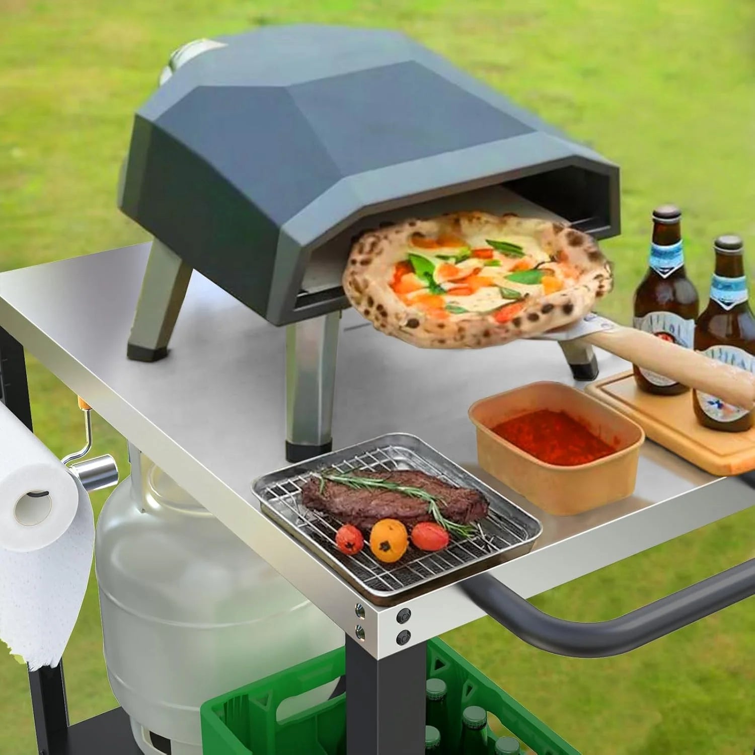 32x20IN Double-Shelve Grill Table, Stainless Steel Outdoor Grill Cart for Blackstone Griddle, Movable Pizza Oven Table for Outside Patio, Kitchen Cooking Food Prep Table for Party