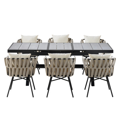 Harper & Bright Designs 7 Pieces Metal Outdoor Dining Table and Chairs Set for 6, All-Weather Patio Dining Furniture with 6 Woven Tape Chairs for Backyard Garden Balcony, Gray, Natural