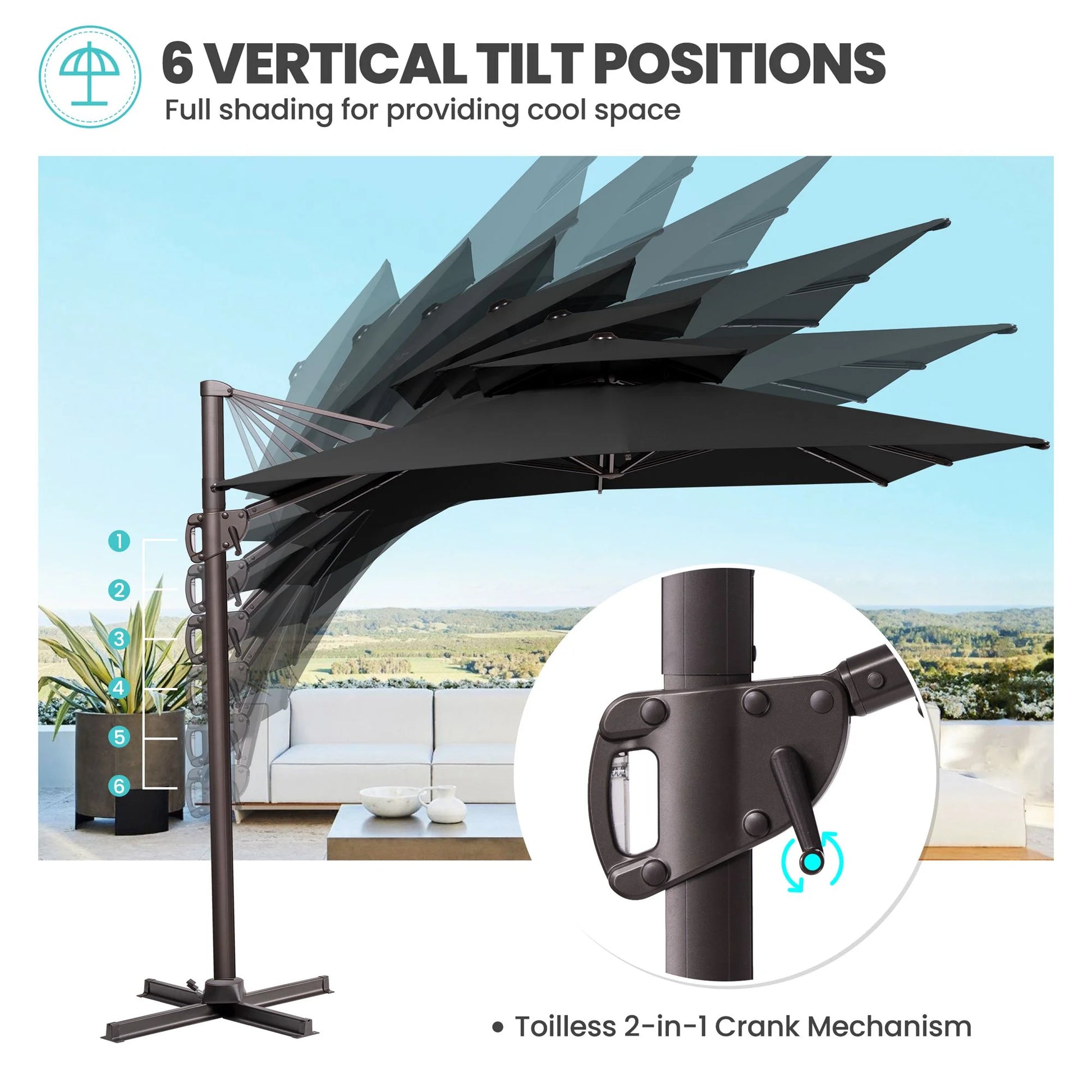 Pellebant 11 ft. x 9 ft. Rectangular Double Top Patio Cantilever Umbrella, Black