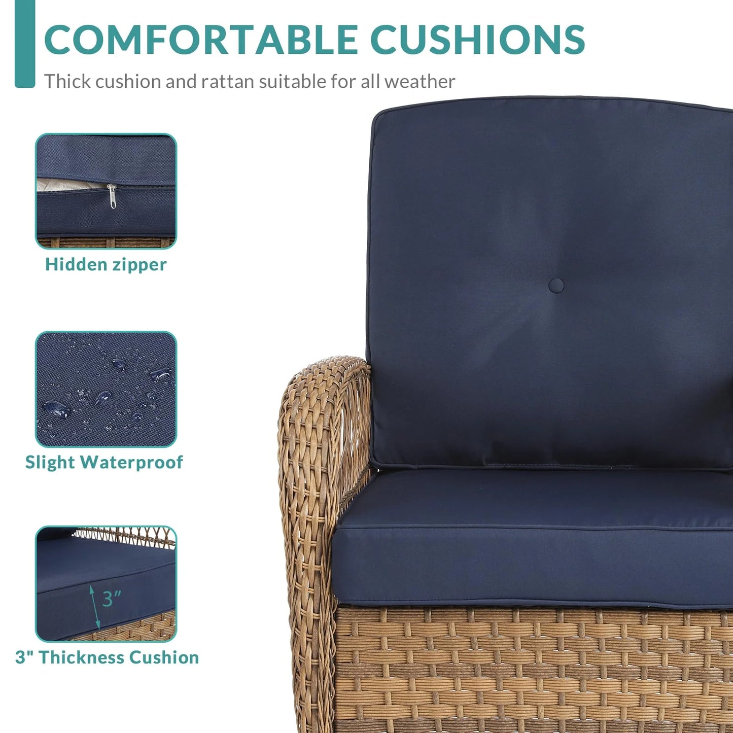 MEETWARM Patio Wicker Rocking Glider Set, All-Weather Outdoor Rattan Patio Rocking Chairs of 2, Patio Conversation Set with Thickened Cushions for Porch Garden & Backyard, Navy Blue