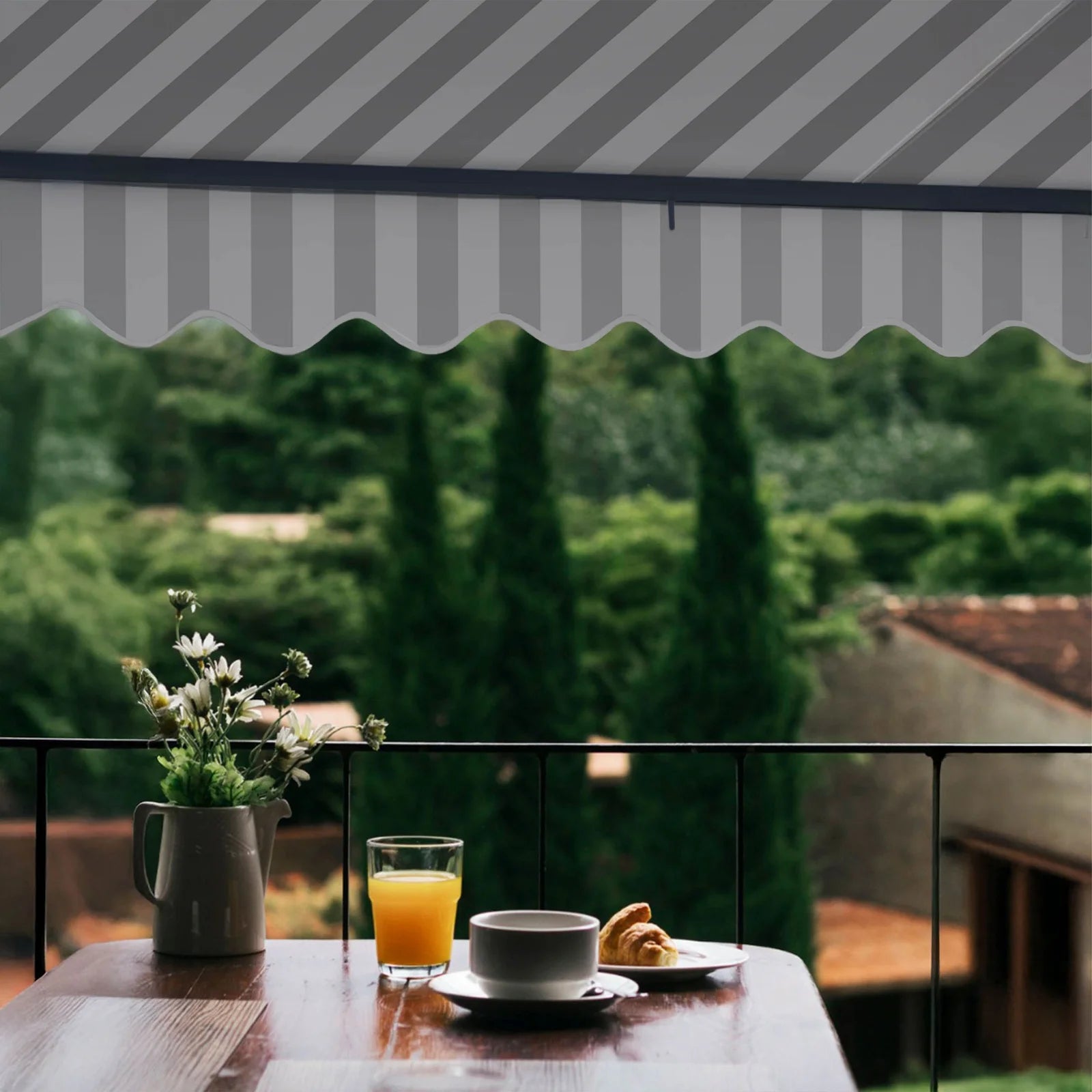 ALEKO 13' x 10' Manual Retractable Grey White Stripes Patio Awning Sunshade