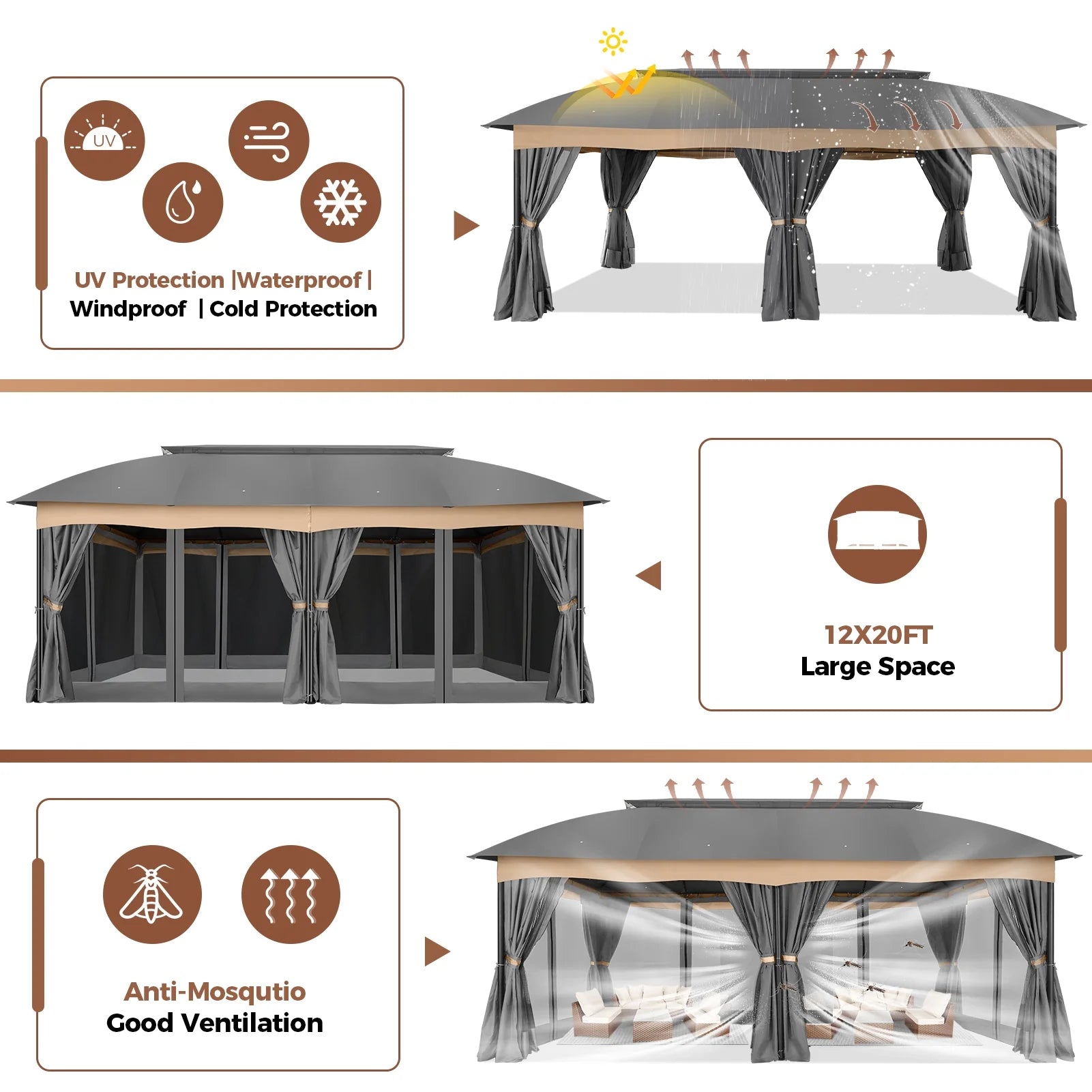 Hoteel 12X20 Heavy Duty Outdoor Patio Gazebo with Mosquito Netting and Curtains, Canopy Tent Deck Gazebo with Double Roofs and Metal Steel Frame for Party, Backyard, Deck, Garden, Gray