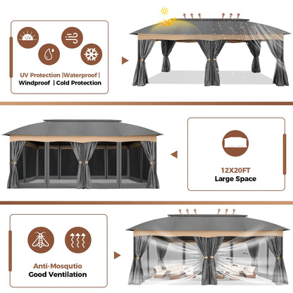 Hoteel 12X20 Heavy Duty Outdoor Patio Gazebo with Mosquito Netting and Curtains, Canopy Tent Deck Gazebo with Double Roofs and Metal Steel Frame for Party, Backyard, Deck, Garden, Gray