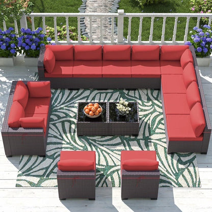 ASJMR 10 Pieces Wicker Patio Furniture Set With 43" Gas Fire Pit Table & 2 Swivel Chairs,Outdoor Rattan Sectional Sofa Conversation Set With Cushions & Tables,Green