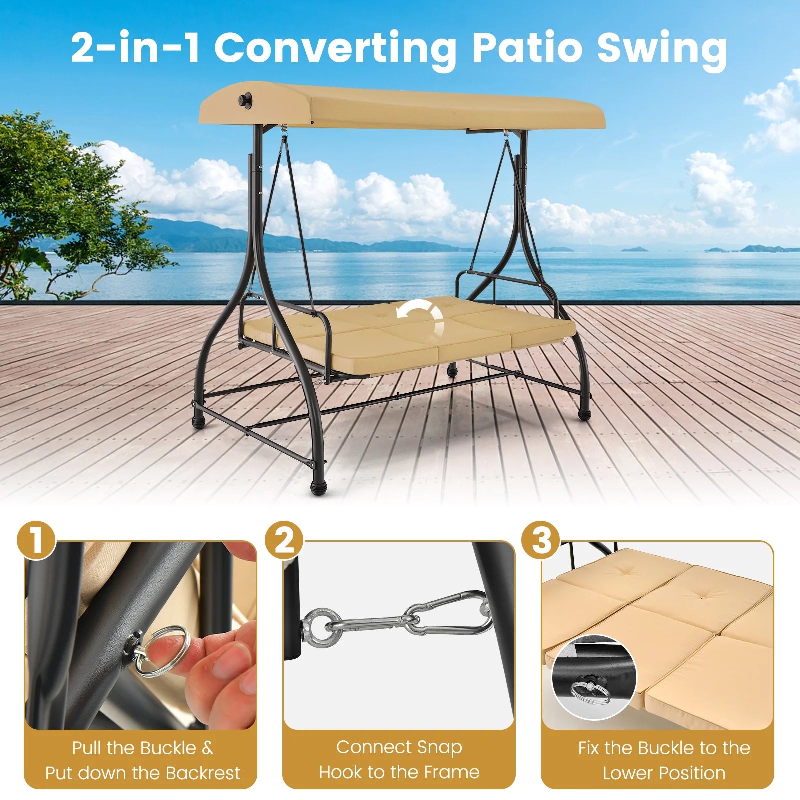 Costway Converting Outdoor Swing Canopy Hammock 3 Seats Patio Deck Furniture beige