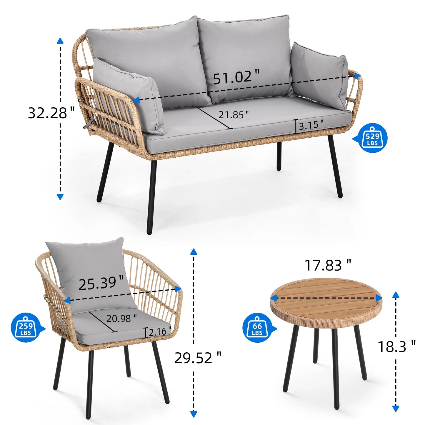 Dextrus 4-Piece Patio Furniture Wicker Outdoor Bistro Set, All-Weather Rattan Conversation Loveseat Chairs for Backyard, Balcony and Deck with Soft Cushions and Coffee Table - Gray