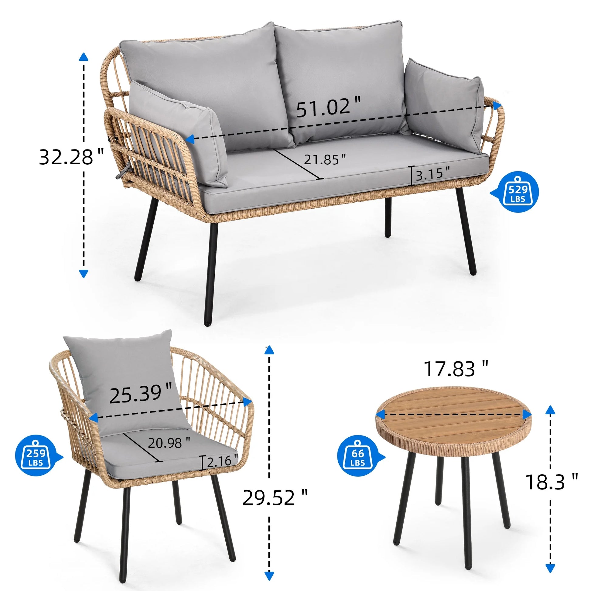 Dextrus 4-Piece Patio Furniture Wicker Outdoor Bistro Set, All-Weather Rattan Conversation Loveseat Chairs for Backyard, Balcony and Deck with Soft Cushions and Coffee Table - Gray