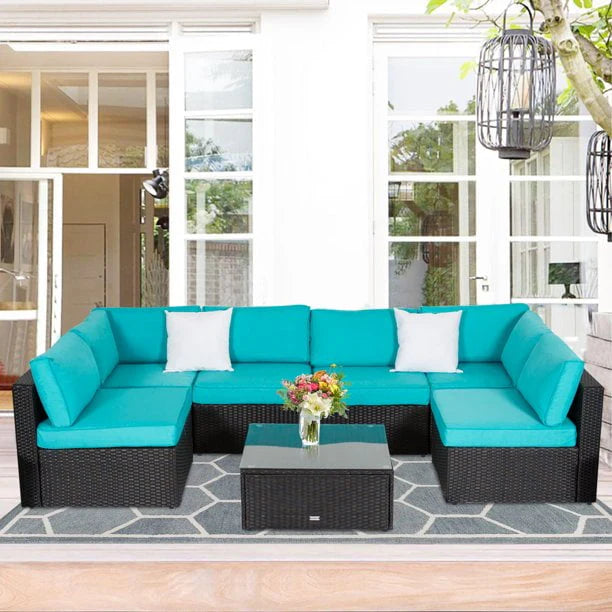 Kinbor 7pcs Outdoor Patio Rattan Wicker Furniture Sectional Sofa Set with Gray Cushions
