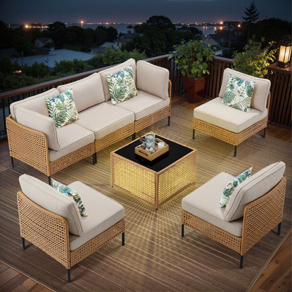 PPorfamilia Outdoor Modular Sectional Furniture Set, 7 Piece Natural PE Rattan Sofa Set with 2 Corner Chairs, 4 Middle Chairs, Side Table, and Beige Deep Seat Cushions, for Patio Backyard Deck