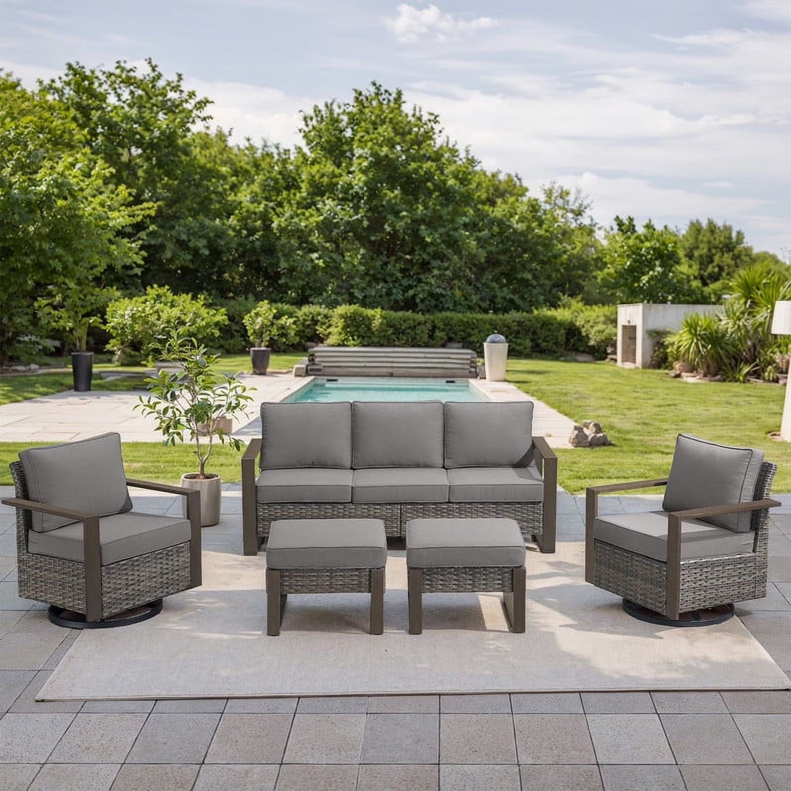 POCASSY 5PCS Patio Furniture Set with Sofa, Swivel Chair and Ottoman, All Weather Wicker Conversation Set Outdoor Seating Group for Pool, Backyard, Garden, Brown Wicker Beige Cushion