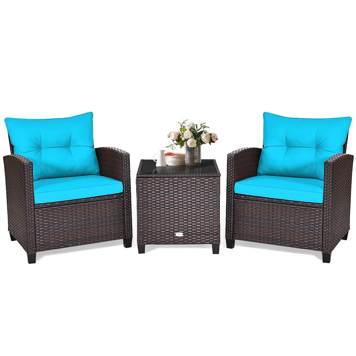 Patiojoy 3 Pieces Wicker Cushioned Conversation Set Outdoor Rattan Furniture with Turquoise Cushions