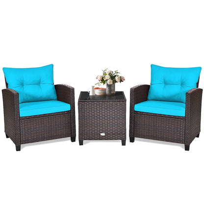 Patiojoy 3 Pieces Wicker Cushioned Conversation Set Outdoor Rattan Furniture with Turquoise Cushions