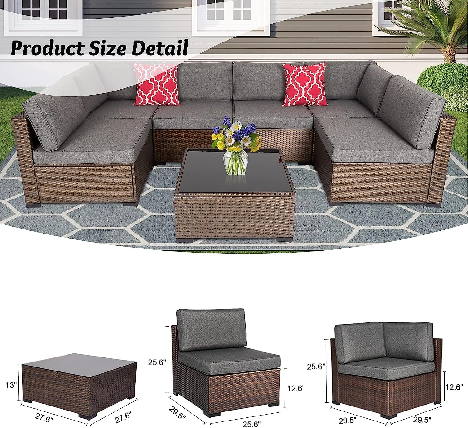 Kinbor 7pcs Patio Rattan Wicker Rattan Outdoor Sectional Sofa Set with Gray Cushions