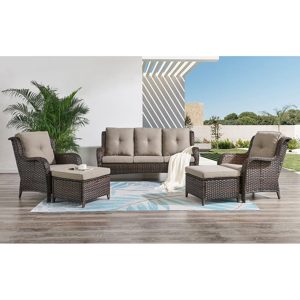 Pocassy 5-Piece Patio Furniture Set with Ottomans Brown/Beige