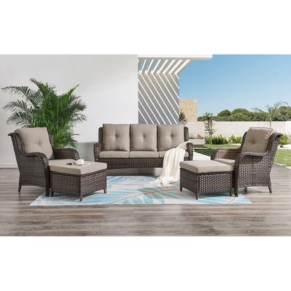 Pocassy 5-Piece Patio Furniture Set with Ottomans Brown/Beige