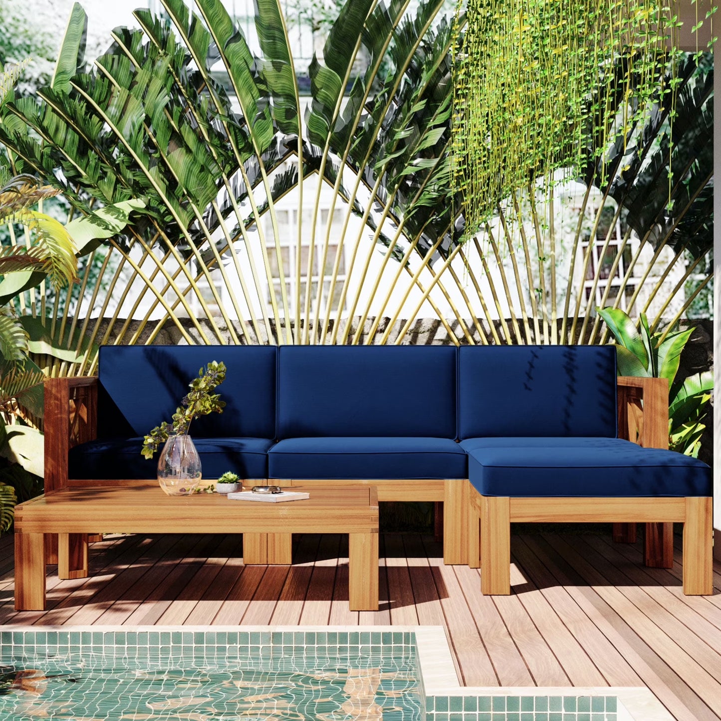 Harper & Bright Designs Outdoor Wooden Seating Group with Table, Patio Conversation Sectional Sofa Set with Waterproof Cushions for Backyard Poolside, Natural