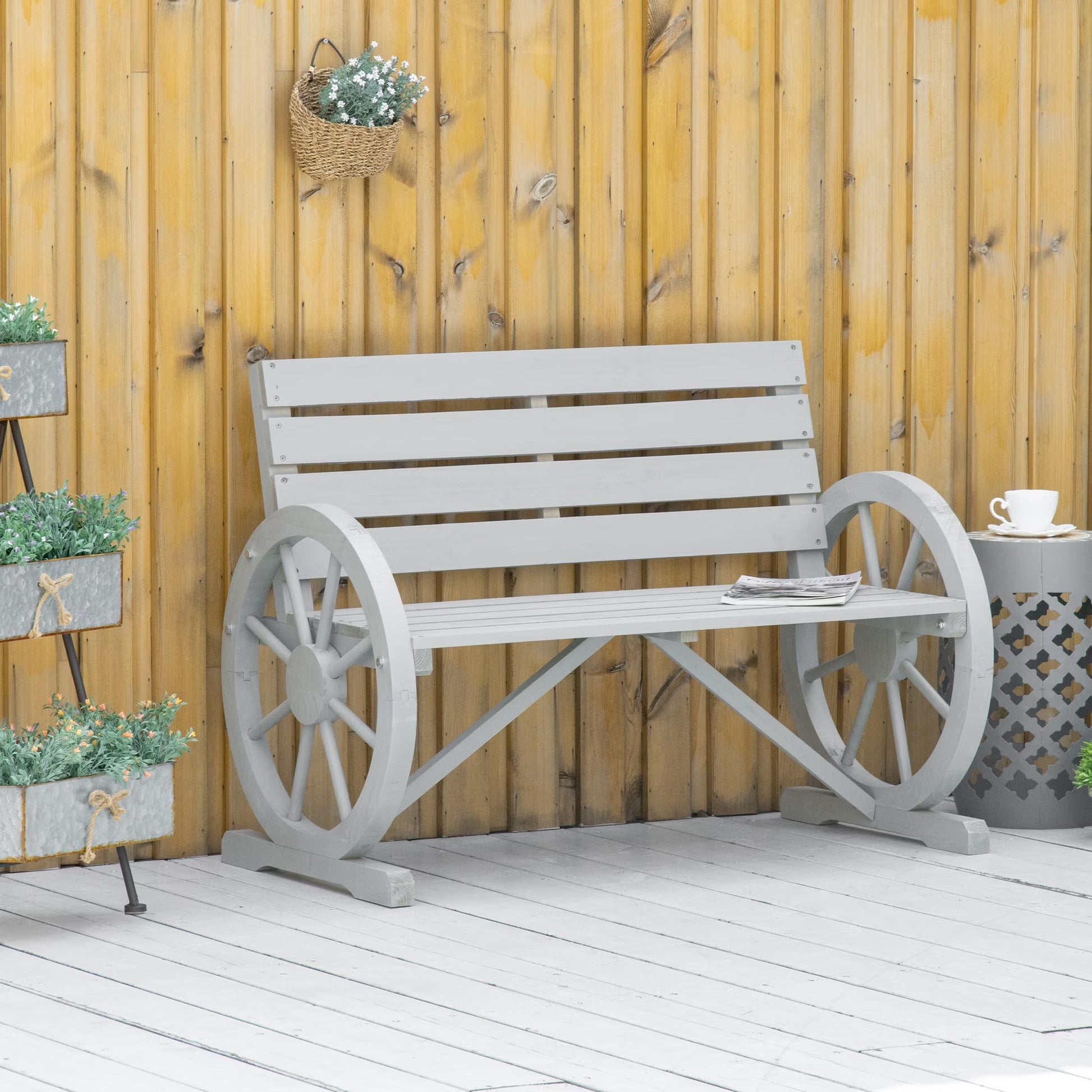 Outsunny Wooden Wagon Wheel Bench Rustic Outdoor Patio Furniture, 2-Person Seat Bench with Backrest Carbonized