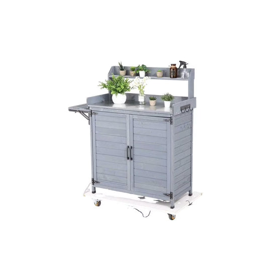 Kojooin Wooden Potting Bench Table - Outdoor Gardening Furniture with Metal Top, Storage Cabinet & Adjustable Shelf for Patio, Garden, Greenhouse
