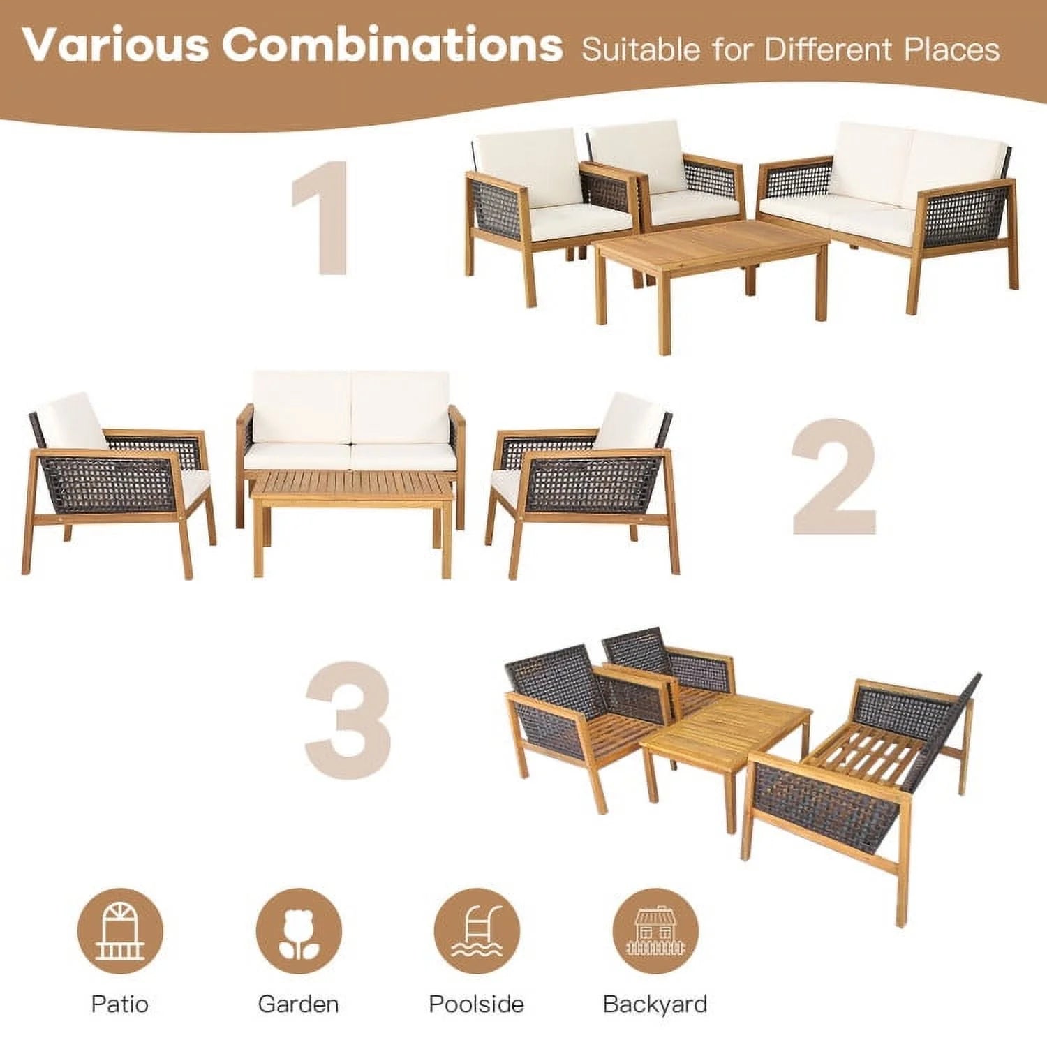 Kadyn Garden Conversation Table Set, Conversation Loveseat Chairs Set, 4 Pieces Patio Rattan Furniture Set with Removable Cushions-White