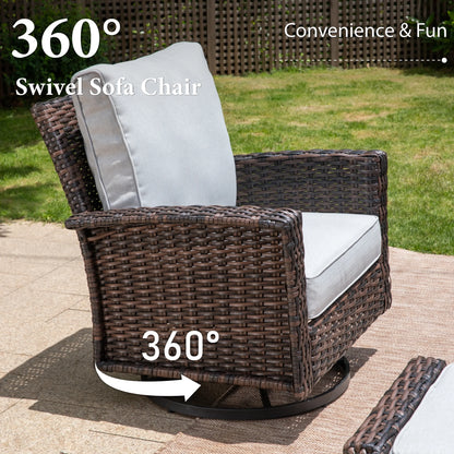Summit Living 5-Seat Wicker Patio Furniture Set with 2 Swivel Chairs & 3-Seat Sofa with 2 pieces Coffee Table, Outdoor Rattan Sectional Conversation Set, Light-gray