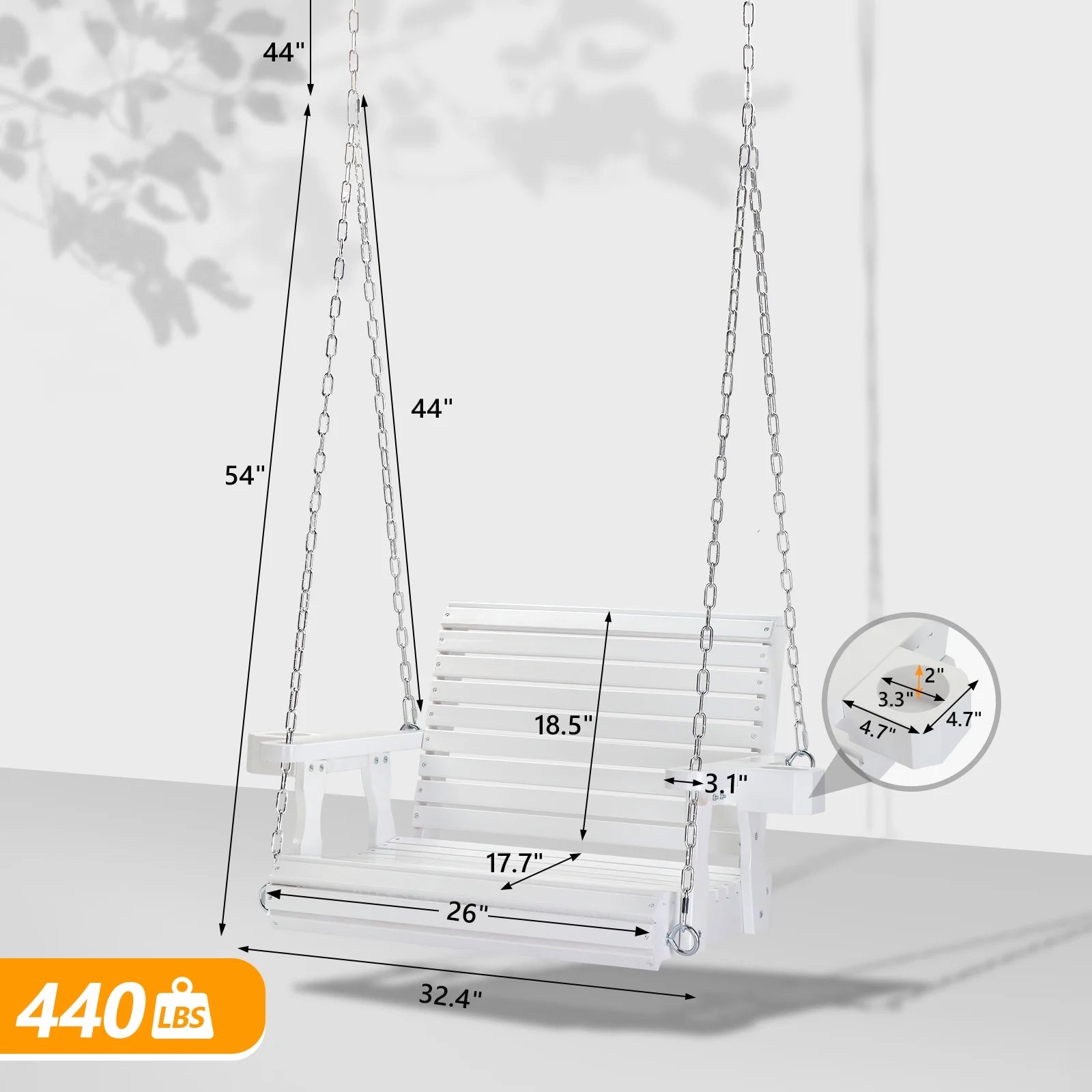VINGLI XL 440 lbs Single Person Patio Porch Swing with Cup Holder & Adjustable Chains for Outdoors (Extra Large, White)