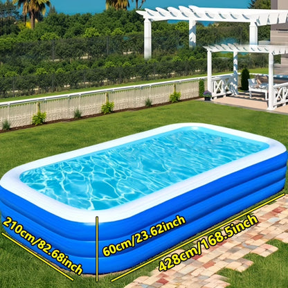Super Large 3.1m 4-Layer Heightened & Thick Inflatable Swimming Pool - Foldable PVC Sunscreen Material, 4-Person Capacity, Blue & White Rectangular Design with Smooth Surface for Patio