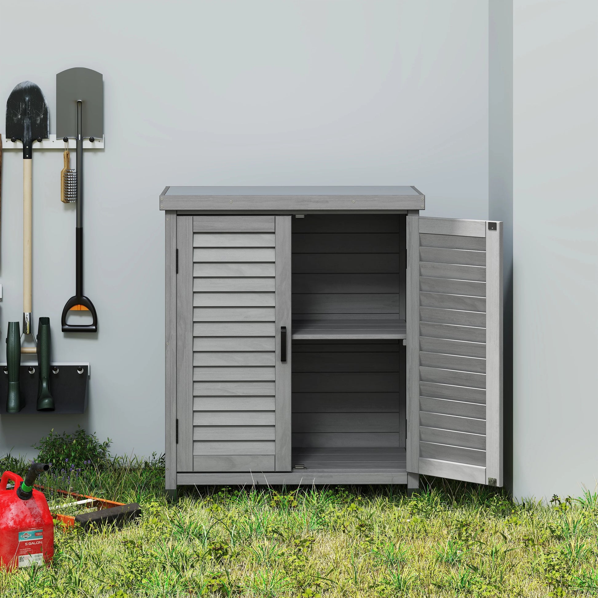 Witaxima Outdoor Potting Bench with Storage Cabinet & Metal Table Top, 31x17x36 Inch Grey Garden Workstation, Solid Wood Durable Patio Furniture for Gardening Tools