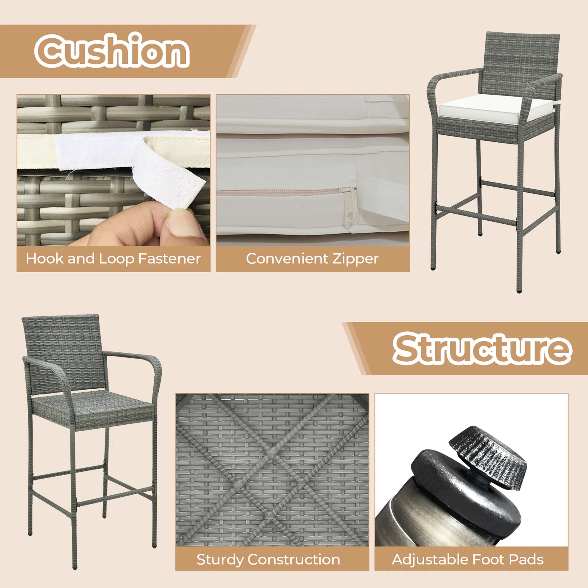 Gymax Set of 4 Rattan Patio Bar Stools Outdoor Bar Height Chairs w/Cushions