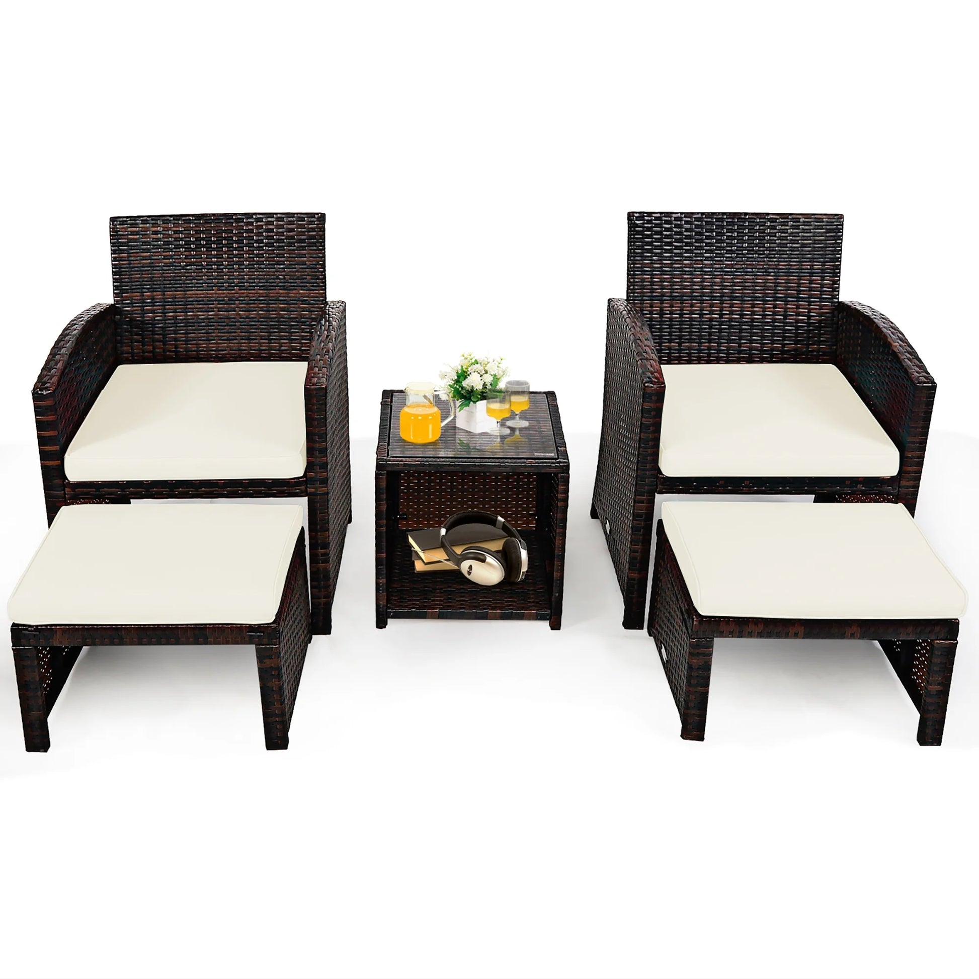 Costway 5PCS Patio Rattan Wicker Furniture Set Sofa Ottoman W/Cushions White