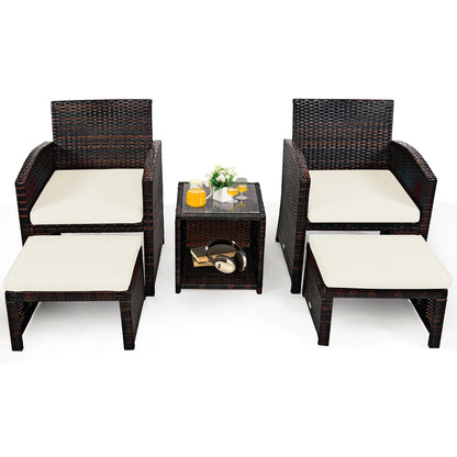 Costway 5PCS Patio Rattan Wicker Furniture Set Sofa Ottoman W/Cushions White
