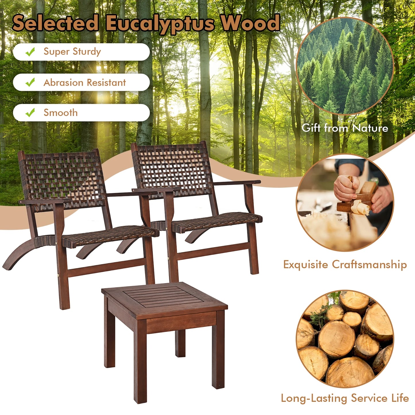 Gymax 3PCS Rattan Patio Chair & Table Set Outdoor Furniture Set w/Wooden Frame