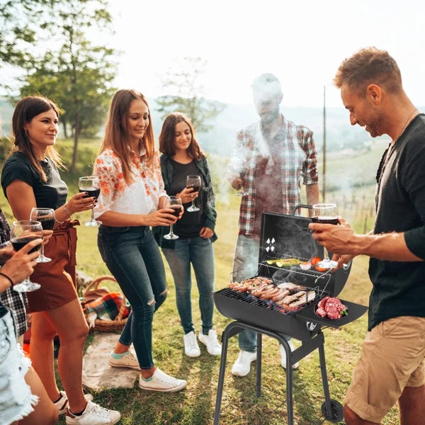 34" Barrel Charcoal Grill with Side Table & Wheels - High-Temp Powder Coated Outdoor BBQ for Backyard, Camping, Patio & Party Cooking