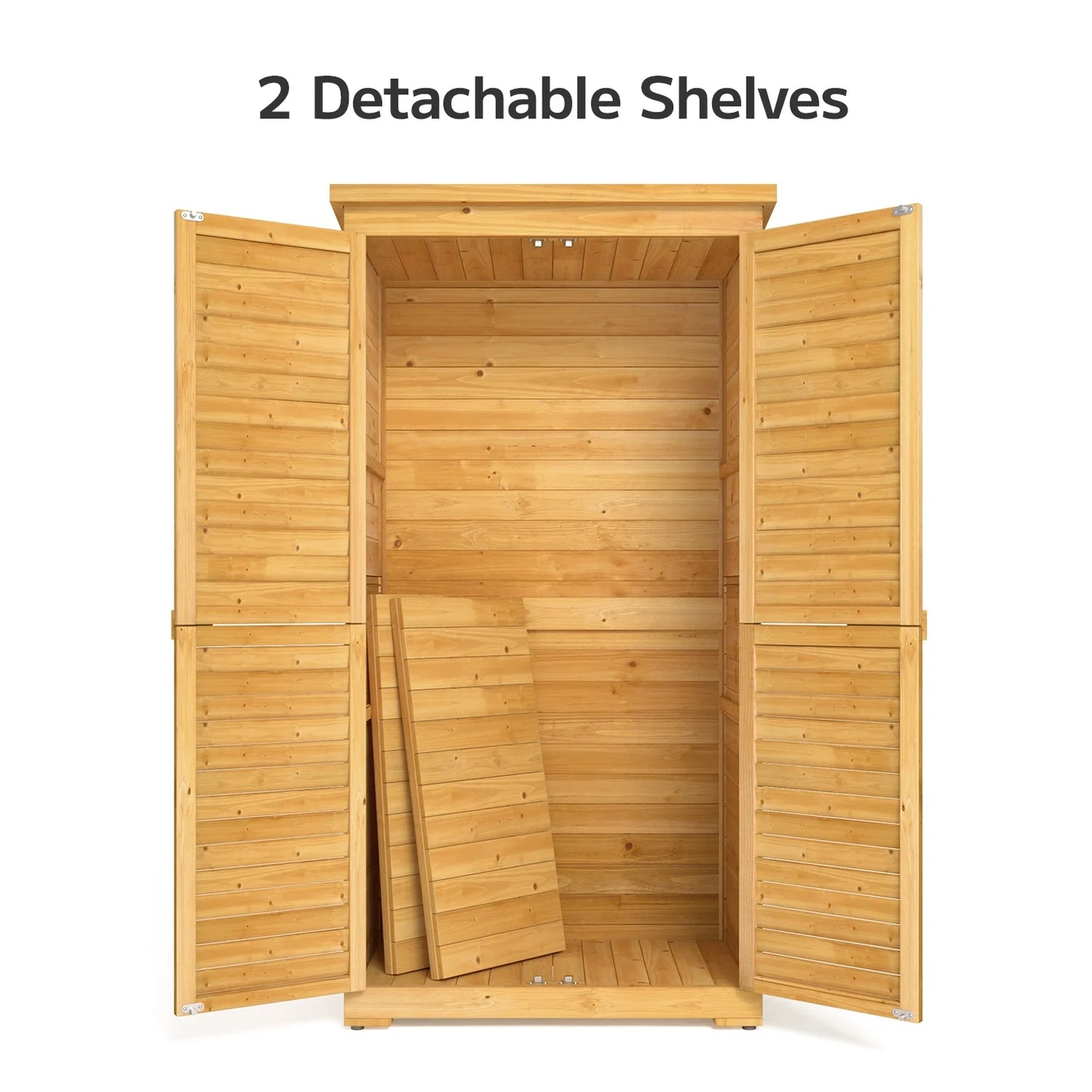 Asofer Outdoor Storage Cabinet, Garden Tool Shed with Removable Shelves & Asphalt Roof for Lawn, Patio, Natural