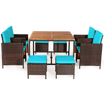 Gymax 9PCS Rattan Wicker Patio Dining Set Outdoor Furniture Set w/Turquoise Cushion