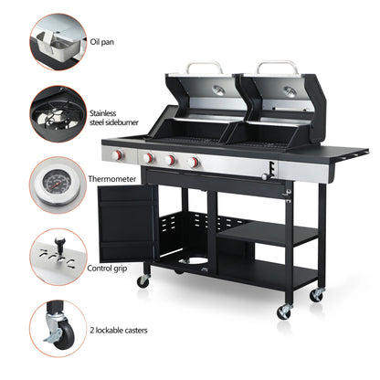 Dual Fuel Outdoor Grill 3 Burner Propane & Charcoal Combo with Side Burner & Porcelain Cast Iron Grates, 37,230 BTUs High-Performance BBQ Grill for Patio Backyard Cooking