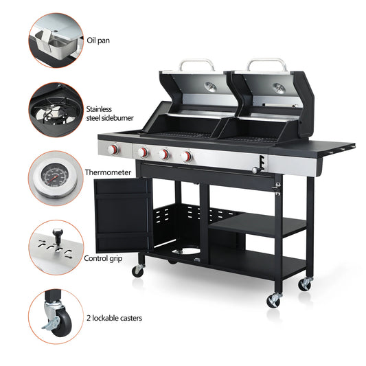 Dual Fuel Outdoor Grill 3 Burner Propane & Charcoal Combo with Side Burner & Porcelain Cast Iron Grates, 37,230 BTUs High-Performance BBQ Grill for Patio Backyard Cooking