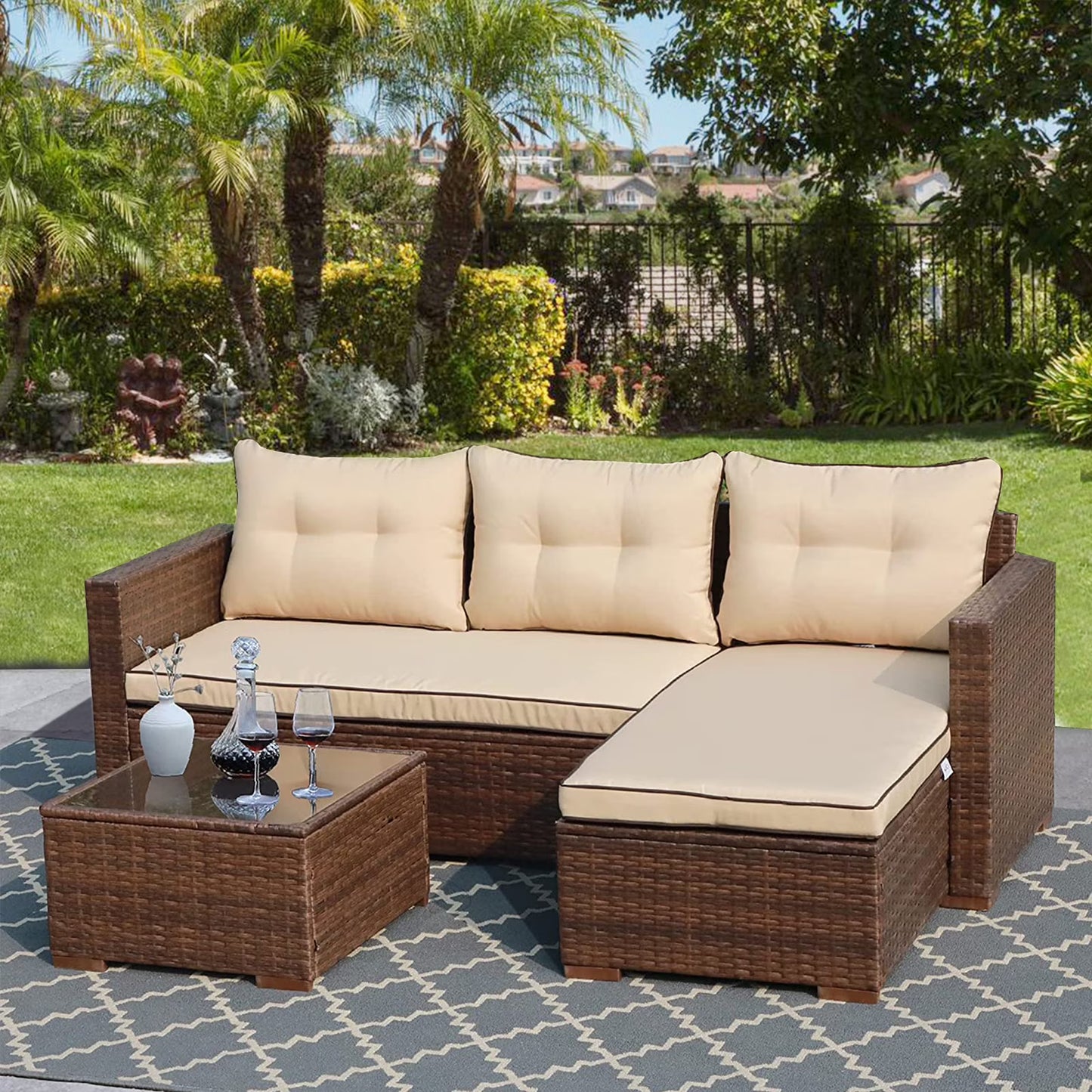 3 Piece Patio Furniture Sets, Outdoor All-Weather Wicker Sectional Sofa Set, Beige