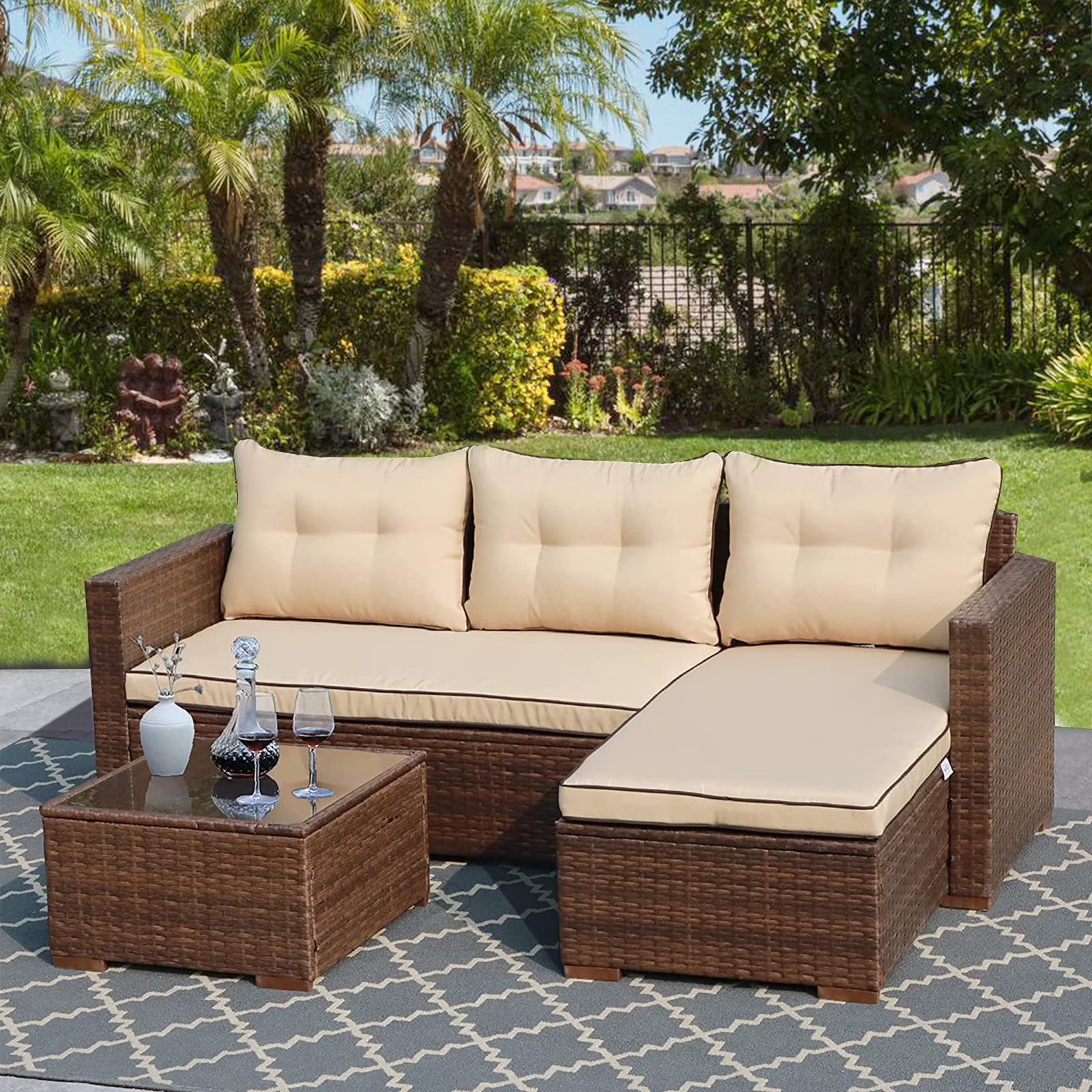 3 Piece Patio Furniture Sets, Outdoor All-Weather Wicker Sectional Sofa Set, Beige