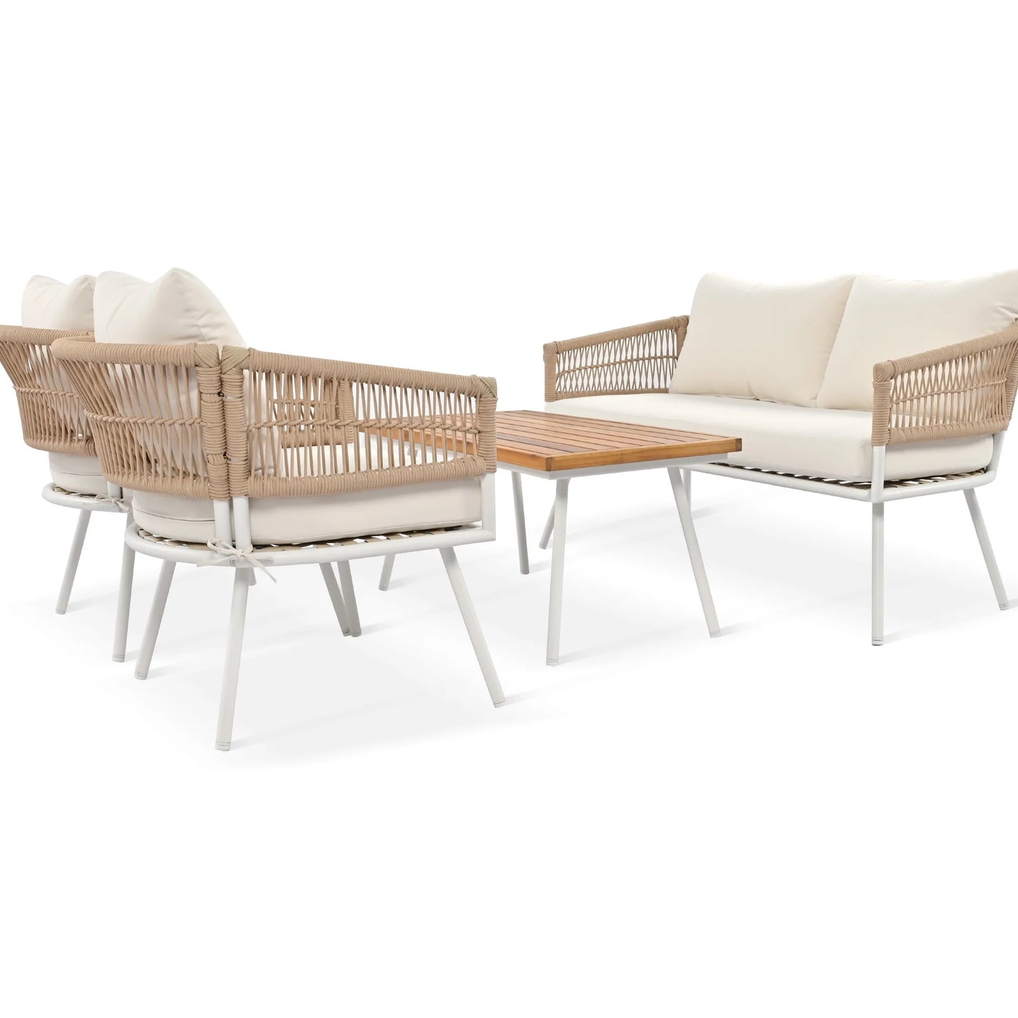Outdoor Furniture With Thick Cushions & Wood Frame - Beige Rope Patio Fade- Exotic