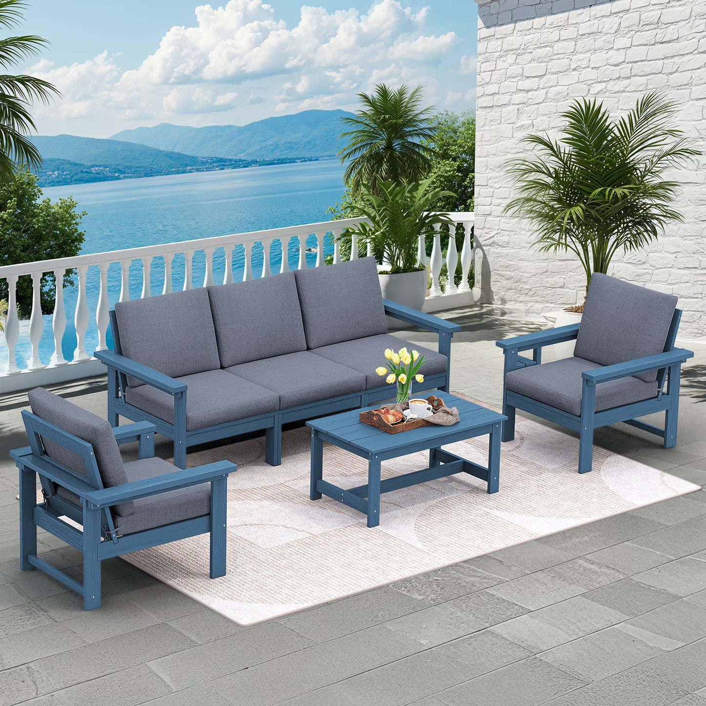 SERWALL Outdoor Patio Furniture Set, 7-Piece HDPE Outdoor Sofa Set Patio Conversation Set, Black Frame with Beige Cushions
