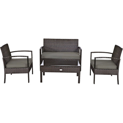 Costway 4PCS Patio Rattan Wicker Furniture Set Brown Loveseat Sofa Cushioned Garden Yard Brown