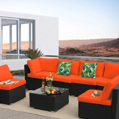 Olmia 7 Piece Patio Furniture sets PE Rattan Wicker Sectional Sofa Set, with Tea Table and Washable Couch Cushions, for Garden Poolside& Patio, Black+Orange