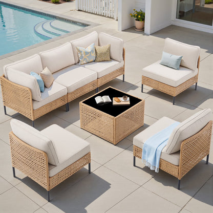PPorfamilia Outdoor Modular Sectional Furniture Set, 7 Piece Natural PE Rattan Sofa Set with 2 Corner Chairs, 4 Middle Chairs, Side Table, and Beige Deep Seat Cushions, for Patio Backyard Deck