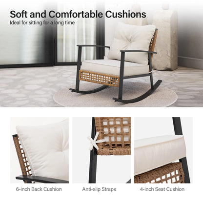 LAUSAINT HOME Outdoor Rocking Chair, Patio PE Rattan Chair with Beige Cushions