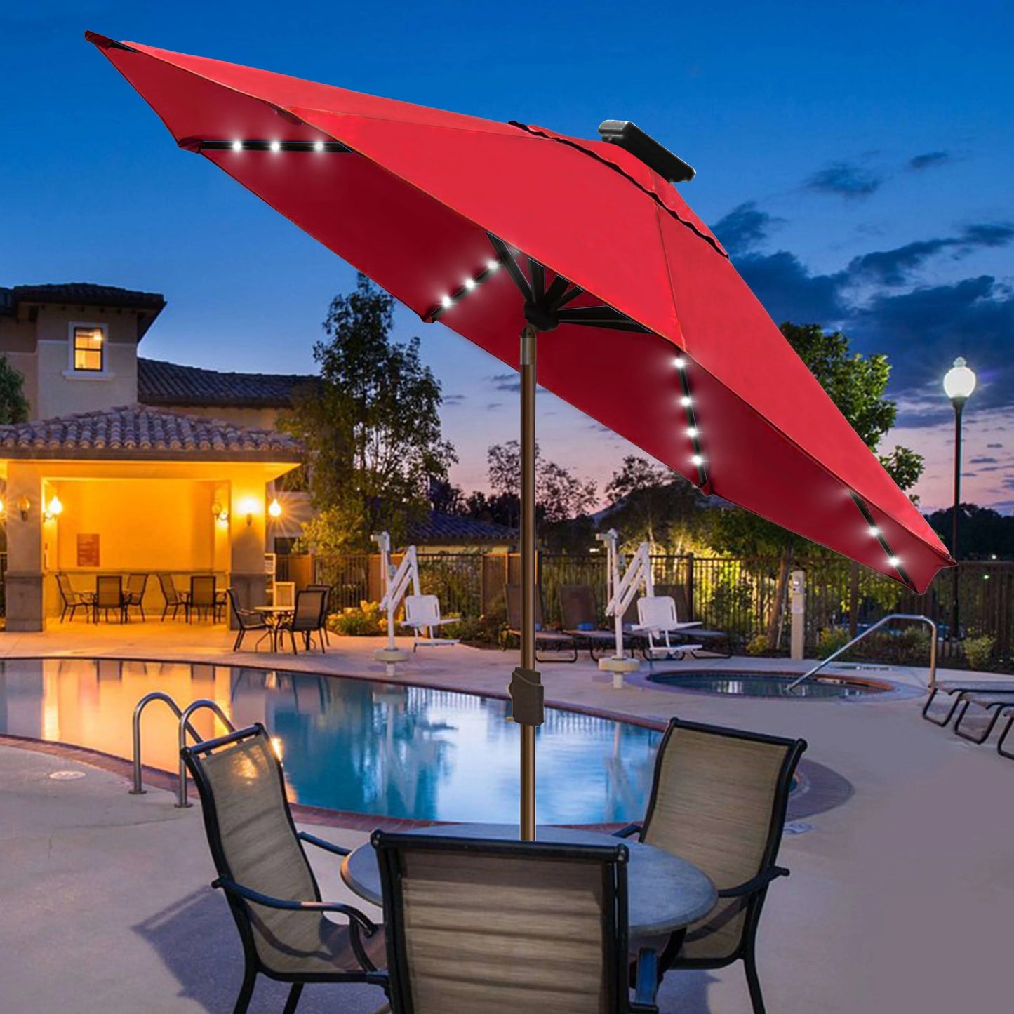 EliteShade Sunbrella Solar Umbrellas 9ft Market Umbrella with 80 LED Lights Patio Umbrellas Outdoor Table Umbrella with Ventilation and 5 Years Non-Fading Top,Ruby