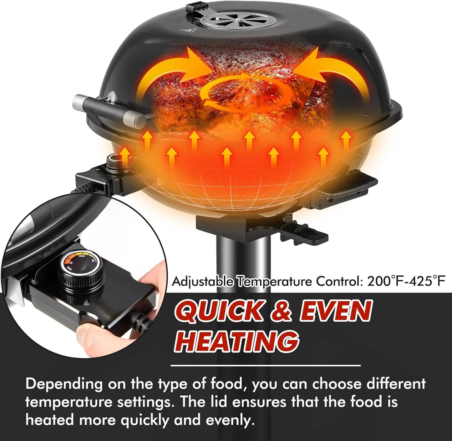 ZIRAV 1600W Portable Electric Grill Outdoor BBQ Grill for 15-Serving, Electric Barbecue Grill for Indoor & Outdoor Use, Portable Stand BBQ Grill for Patio Balcony Kitchen Garden (Black)