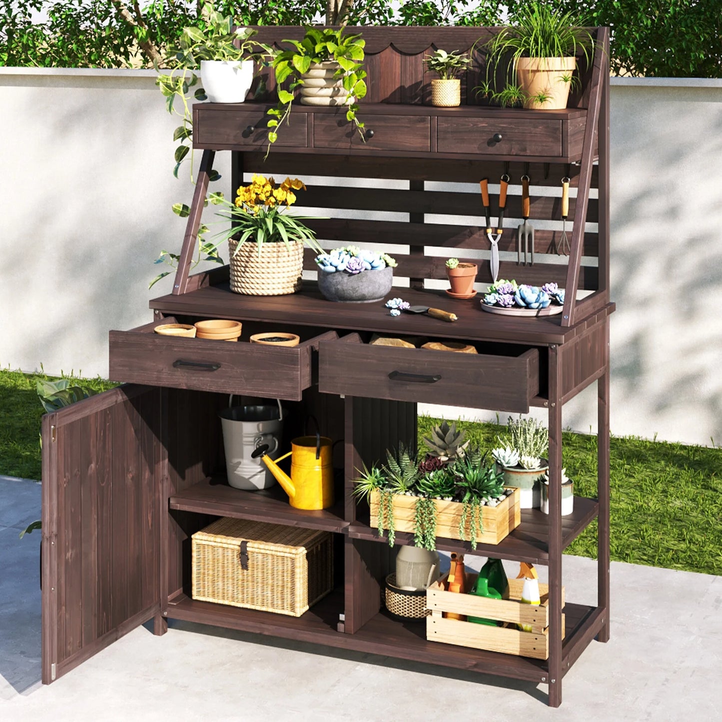 Deck Boxes Brown Fir Wood Potting Bench - 5-Drawer Garden Workstation with Slatted Back Panel & Storage Cabinet,Patio Storage Boxes
