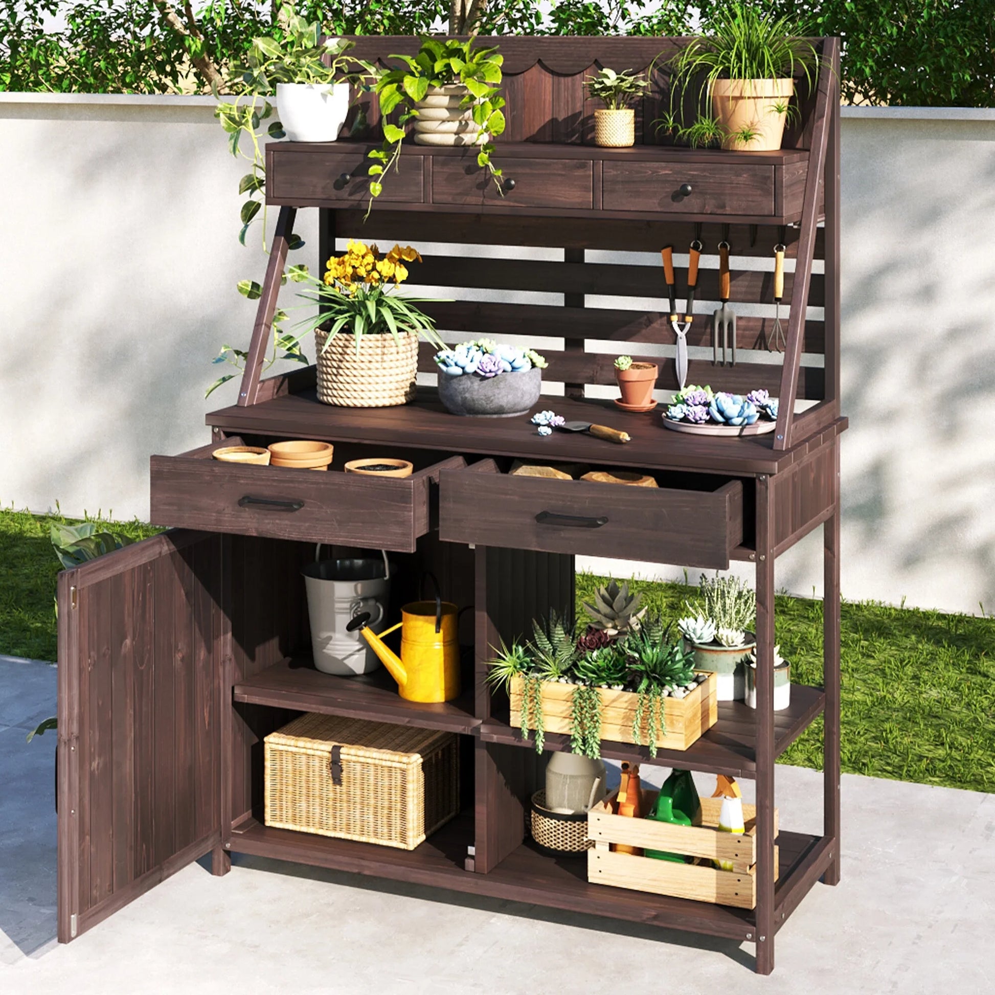 Deck Boxes Brown Fir Wood Potting Bench - 5-Drawer Garden Workstation with Slatted Back Panel & Storage Cabinet,Patio Storage Boxes